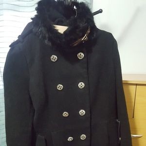 Black military style, faux fur coat.